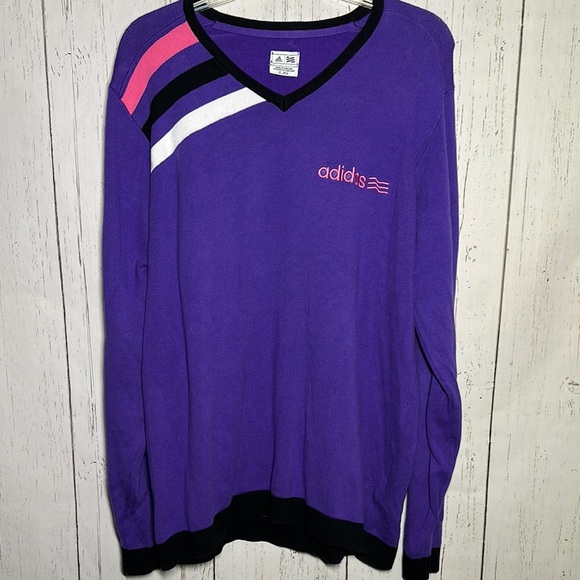 Adidas Purple Pink Stripe Embroidered V-Neck Sweater Size Large - Picture 1 of 5